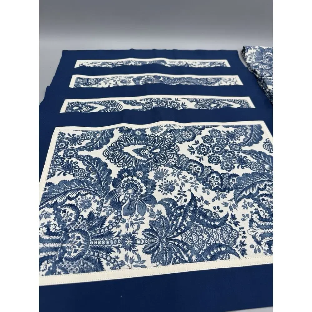 Pottery Barn Blue Brevard Chambray Paisley Design 4 Placemats & 4 Napkins